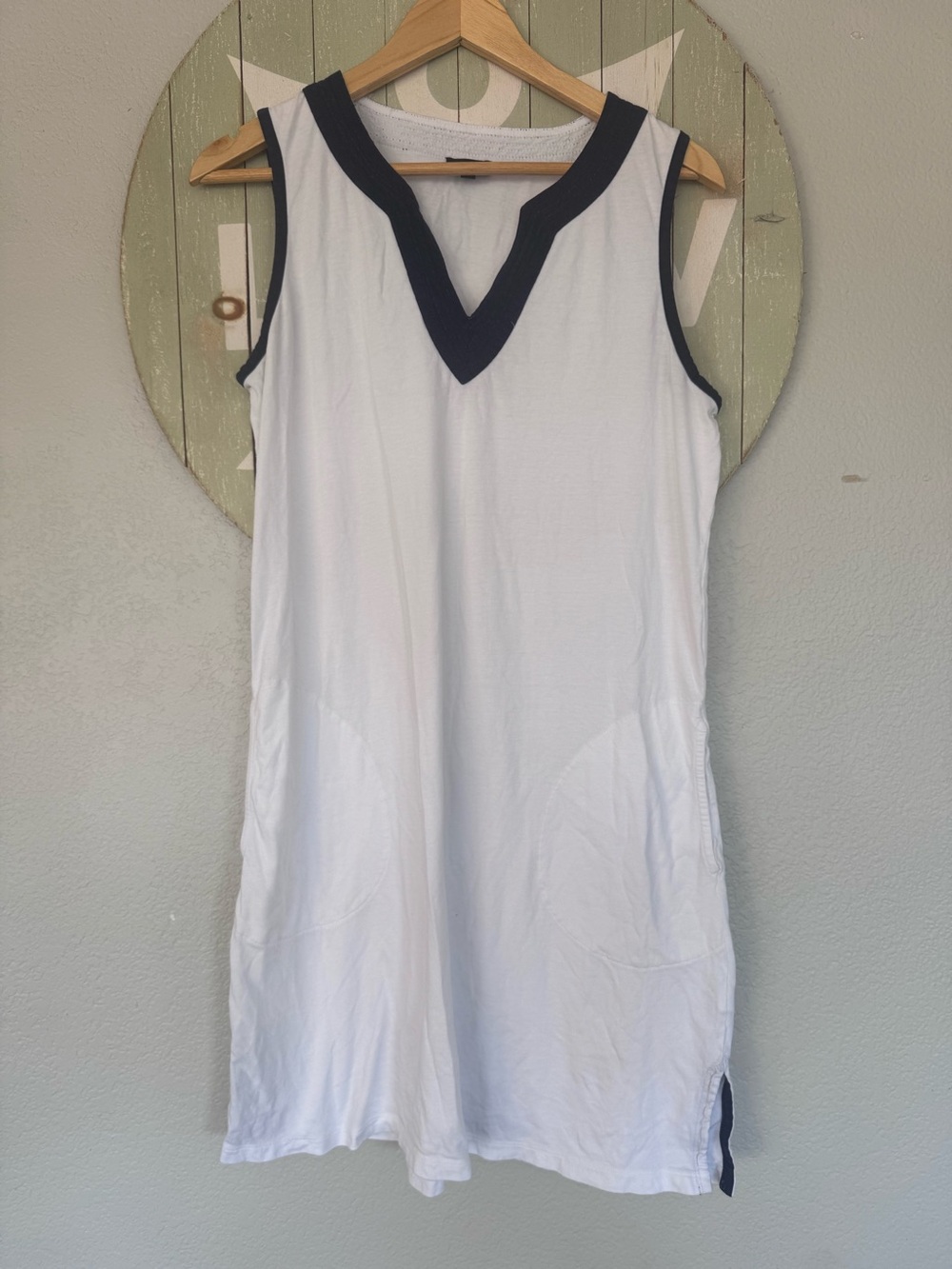 Talbots cotton rayon navy trim white dress